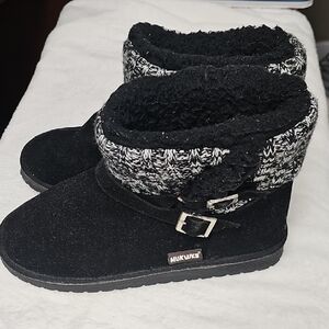 Muk Luks Black Knit-Cuff Ankle Boots with Buckle
